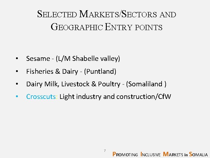 SELECTED MARKETS/SECTORS AND GEOGRAPHIC ENTRY POINTS • Sesame - (L/M Shabelle valley) • Fisheries