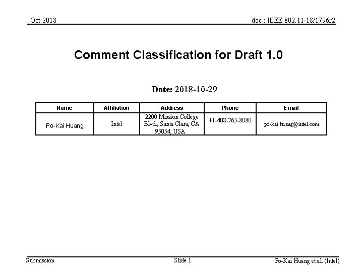 Oct 2018 doc. : IEEE 802. 11 -18/1796 r 2 Comment Classification for Draft