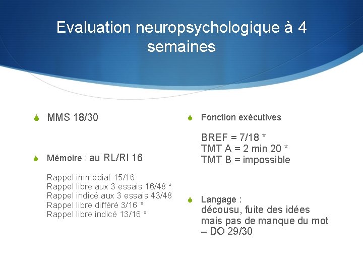 Evaluation neuropsychologique à 4 semaines S MMS 18/30 S Mémoire : au RL/RI 16