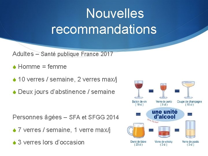 Nouvelles recommandations Adultes – Santé publique France 2017 S Homme = femme S 10