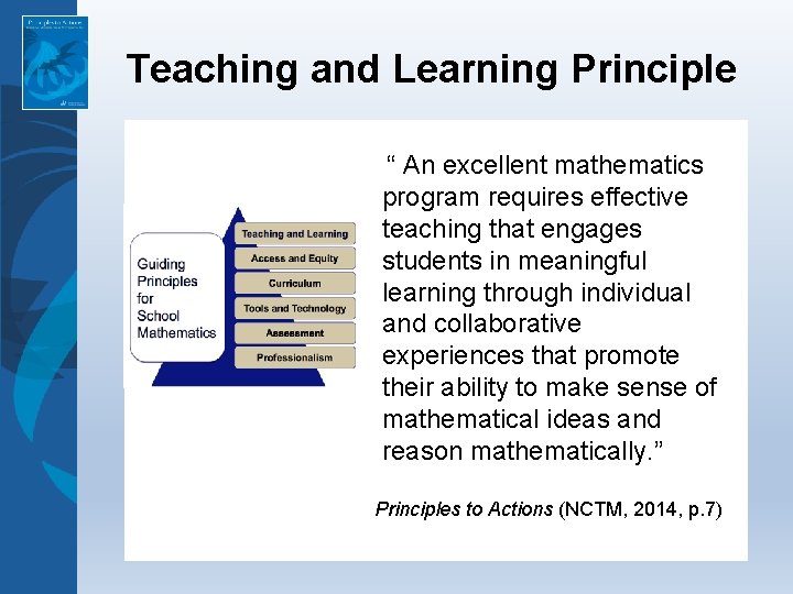 Teaching and Learning Principle “ An excellent mathematics program requires effective teaching that engages