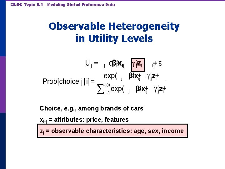 38/54: Topic 5. 1 – Modeling Stated Preference Data Observable Heterogeneity in Utility Levels