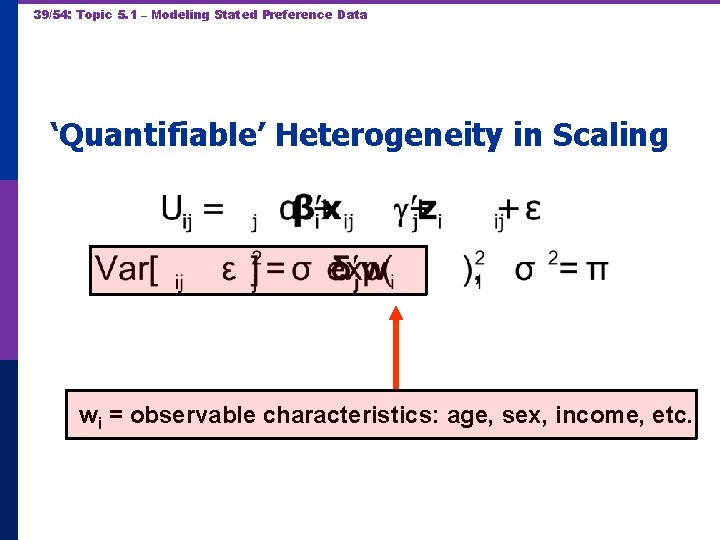39/54: Topic 5. 1 – Modeling Stated Preference Data ‘Quantifiable’ Heterogeneity in Scaling wi