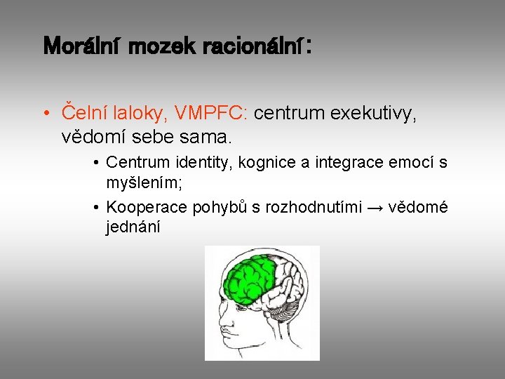 Morální mozek racionální: • Čelní laloky, VMPFC: centrum exekutivy, vědomí sebe sama. • Centrum