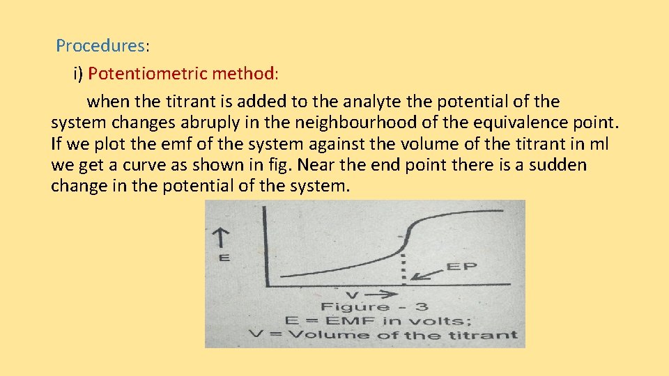 Procedures: i) Potentiometric method: when the titrant is added to the analyte the potential