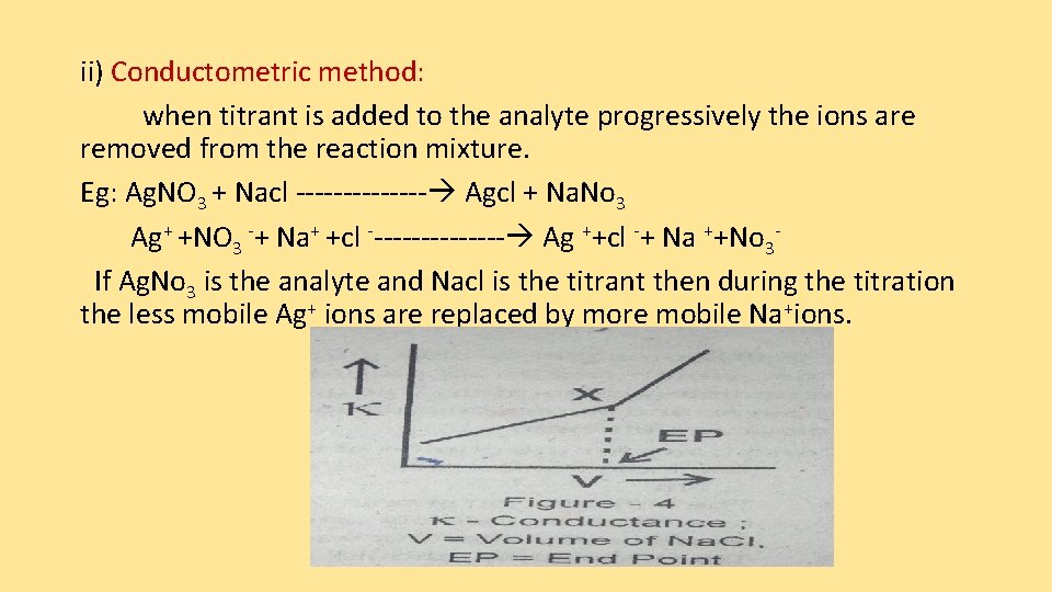 ii) Conductometric method: when titrant is added to the analyte progressively the ions are