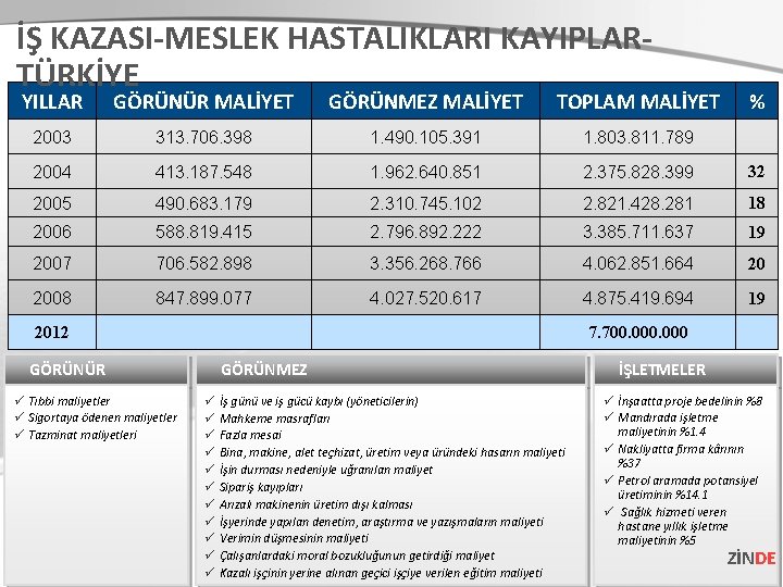 İŞ KAZASI-MESLEK HASTALIKLARI KAYIPLARTÜRKİYE YILLAR GÖRÜNÜR MALİYET GÖRÜNMEZ MALİYET TOPLAM MALİYET 2003 313. 706.