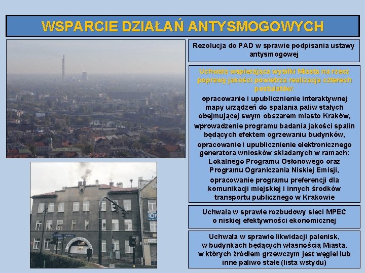 WSPARCIE DZIAŁAŃ ANTYSMOGOWYCH Rezolucja do PAD w sprawie podpisania ustawy antysmogowej Uchwała wspierająca wysiłki