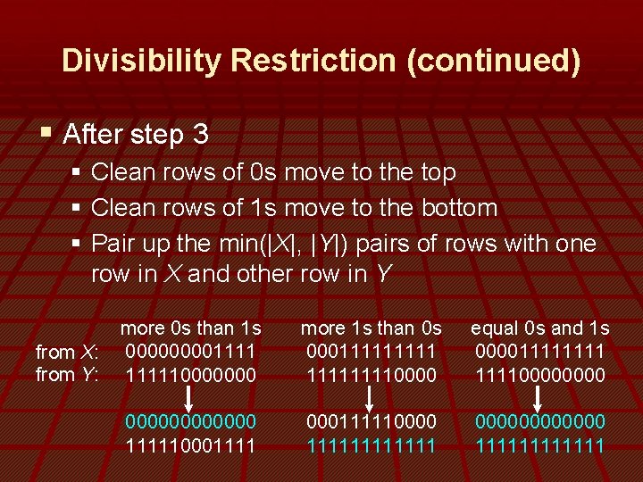 Divisibility Restriction (continued) § After step 3 § Clean rows of 0 s move