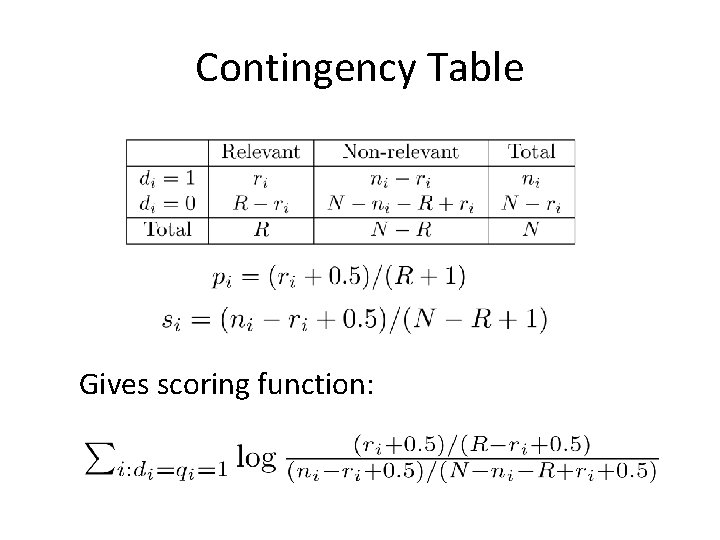 Contingency Table Gives scoring function: 