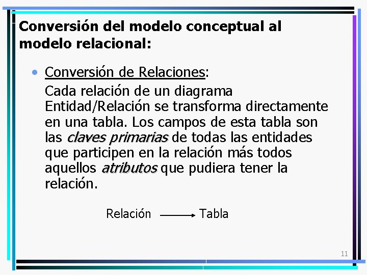 Conversión del modelo conceptual al modelo relacional: • Conversión de Relaciones: Cada relación de