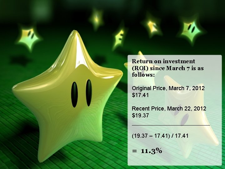Return on investment (ROI) since March 7 is as follows: Original Price, March 7,