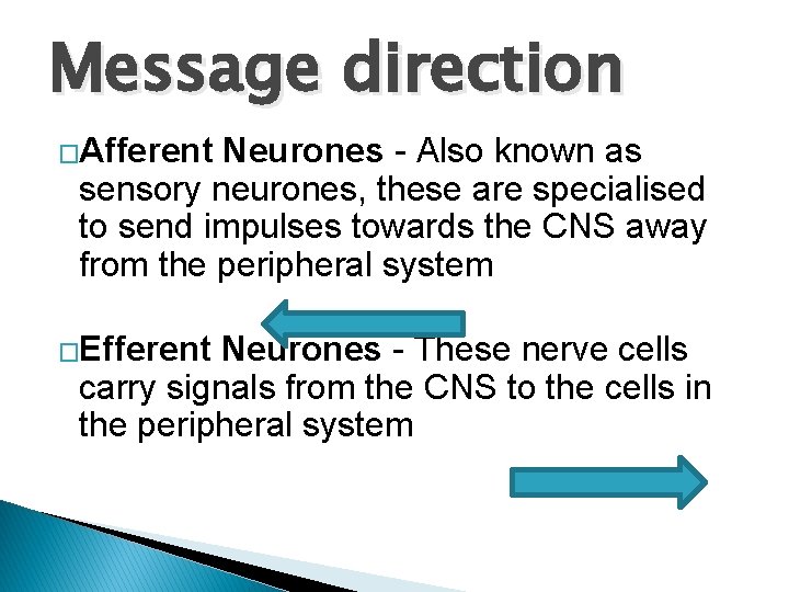 Message direction �Afferent Neurones - Also known as sensory neurones, these are specialised to