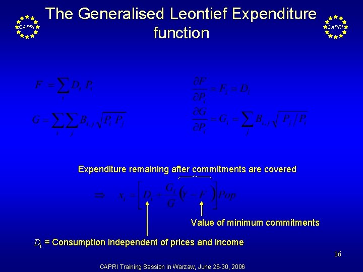 CAPRI The Generalised Leontief Expenditure function CAPRI Expenditure remaining after commitments are covered Value