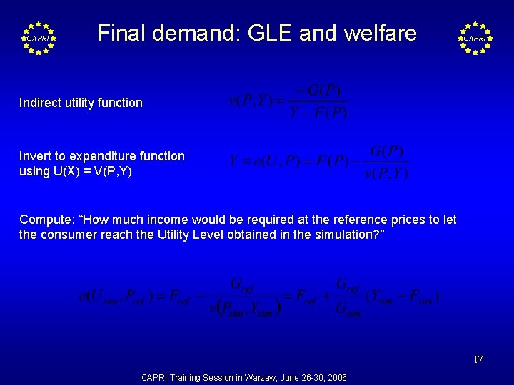 CAPRI Final demand: GLE and welfare CAPRI Indirect utility function Invert to expenditure function
