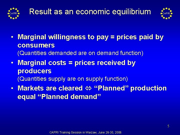 CAPRI Result as an economic equilibrium CAPRI • Marginal willingness to pay = prices