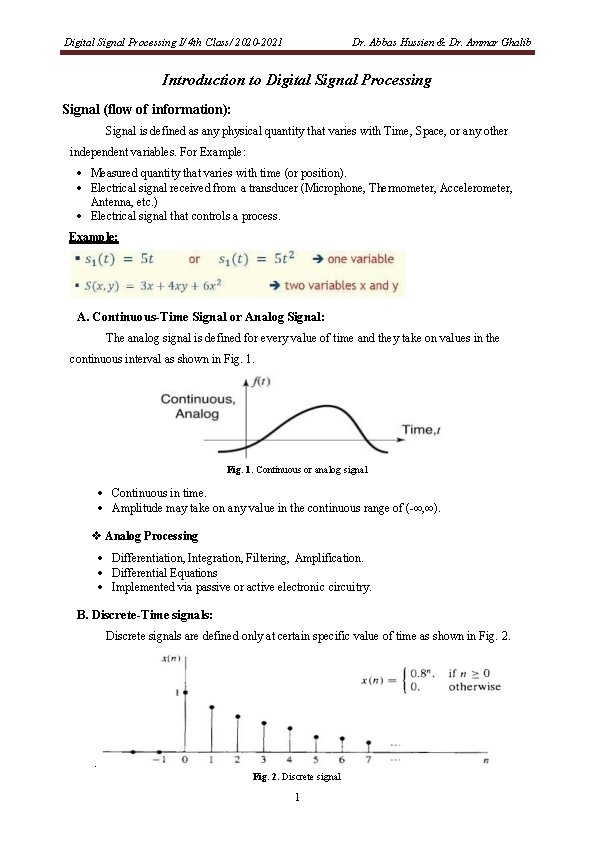 Digital Signal Processing I/ 4 th Class/ 2020 -2021 Dr. Abbas Hussien & Dr.