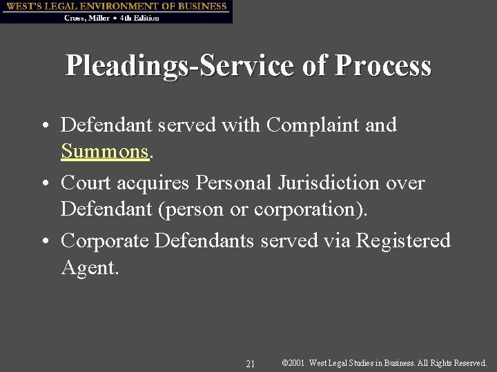 Pleadings-Service of Process • Defendant served with Complaint and Summons. • Court acquires Personal