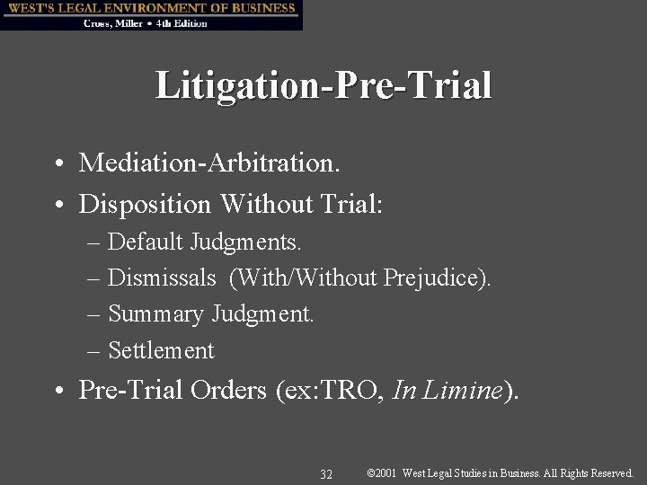 Litigation-Pre-Trial • Mediation-Arbitration. • Disposition Without Trial: – Default Judgments. – Dismissals (With/Without Prejudice).