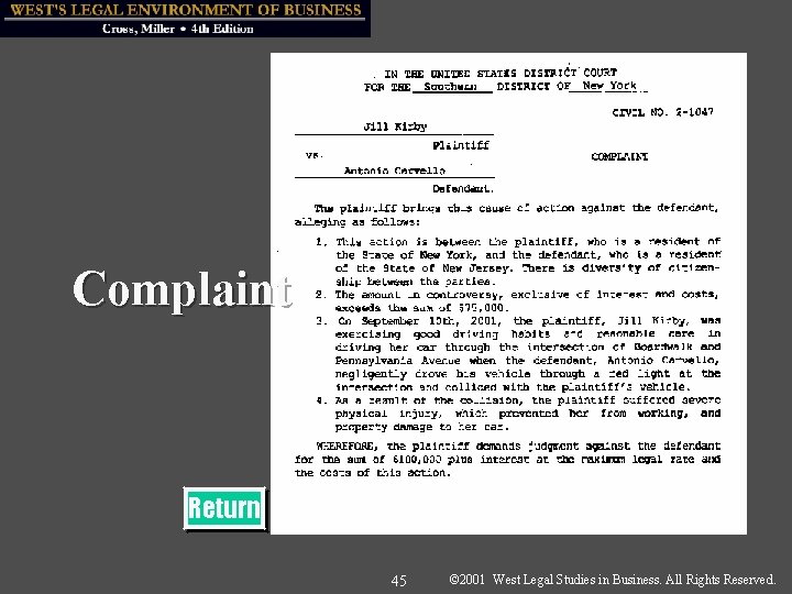 Complaint Return 45 © 2001 West Legal Studies in Business. All Rights Reserved. 