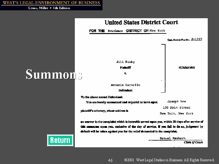 Summons Return 46 © 2001 West Legal Studies in Business. All Rights Reserved. 
