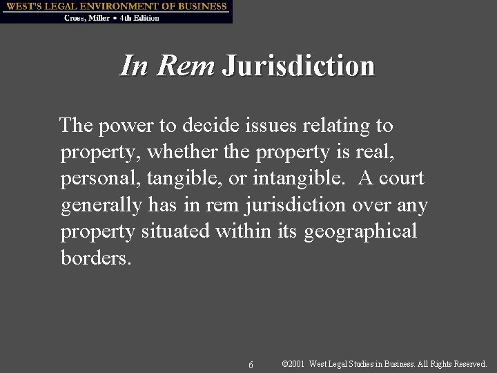 In Rem Jurisdiction The power to decide issues relating to property, whether the property