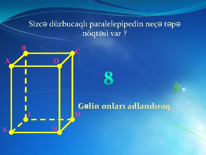 Sizcə düzbucaqlı paralelepipedin neçə təpə nöqtəsi var ? B C A D Gəlin onları