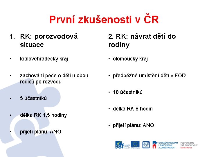 První zkušenosti v ČR 1. RK: porozvodová situace 2. RK: návrat dětí do rodiny