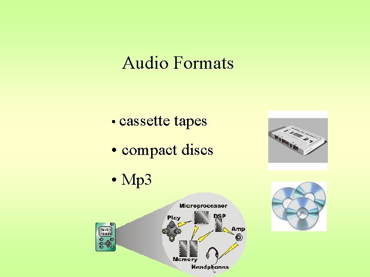 Audio Formats • cassette tapes • compact discs • Mp 3 