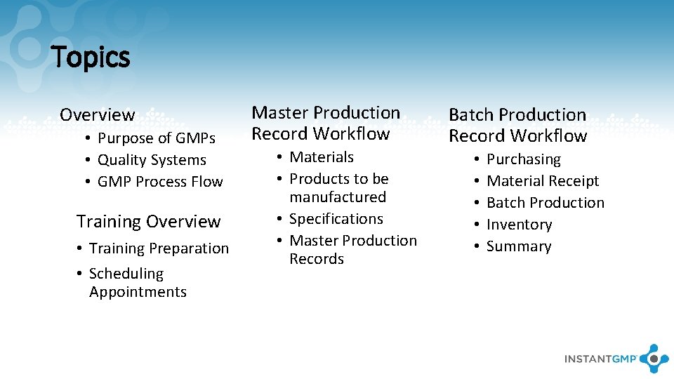 Topics Overview • Purpose of GMPs • Quality Systems • GMP Process Flow Training
