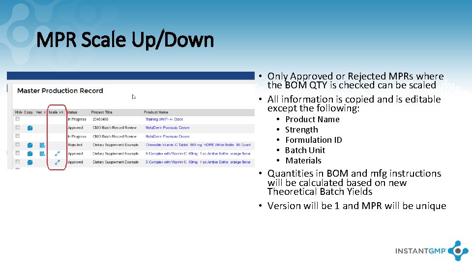 MPR Scale Up/Down • Only Approved or Rejected MPRs where the BOM QTY is