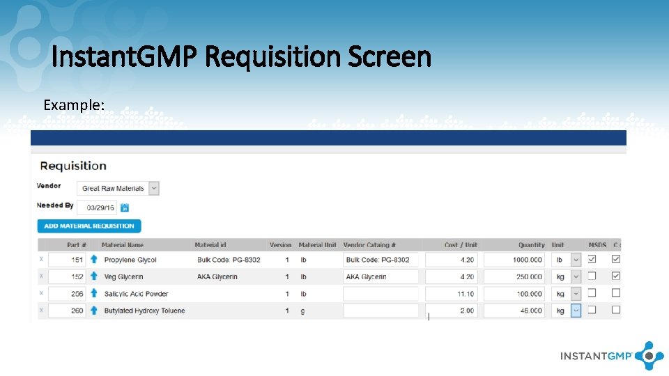 Instant. GMP Requisition Screen Example: 