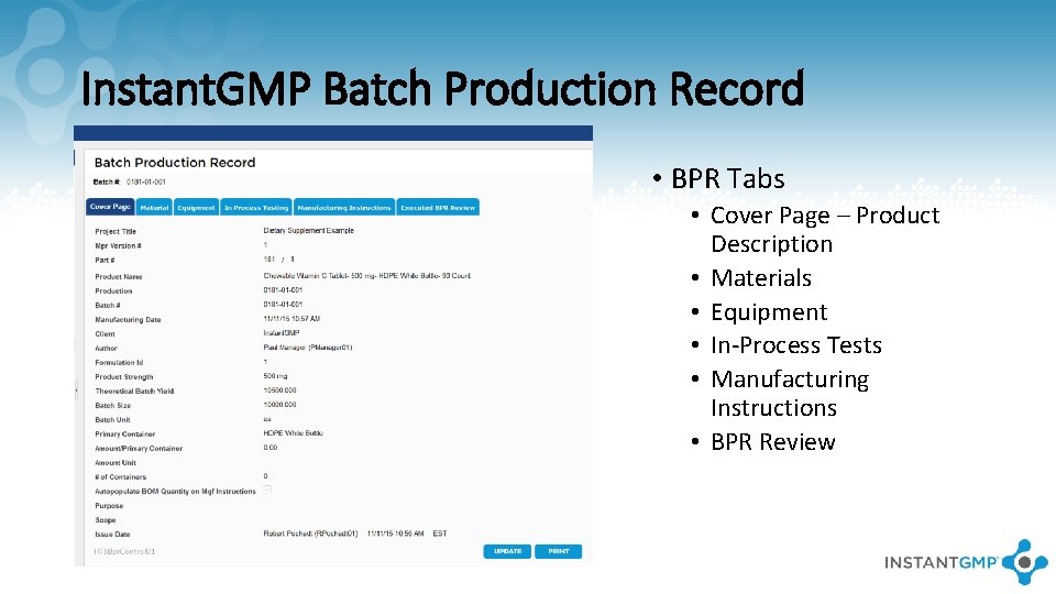 Instant. GMP Batch Production Record • BPR Tabs • Cover Page – Product Description