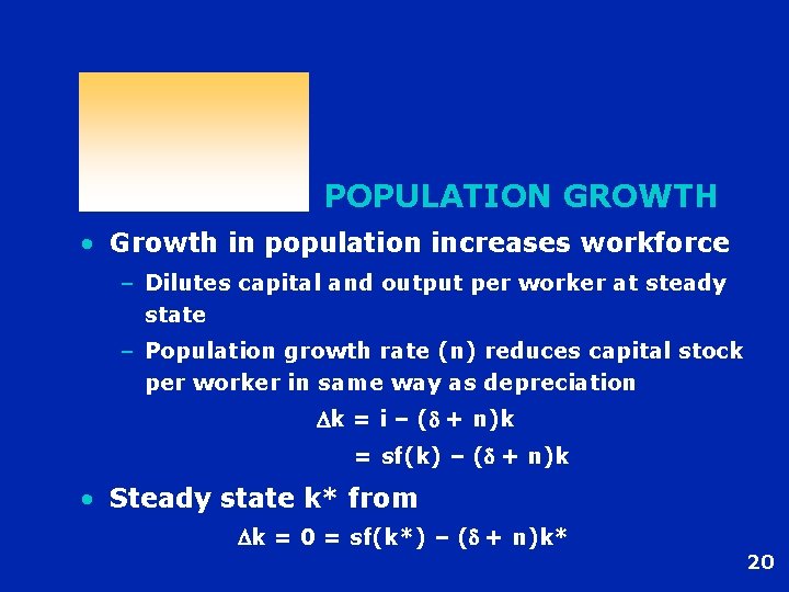 POPULATION GROWTH • Growth in population increases workforce – Dilutes capital and output per