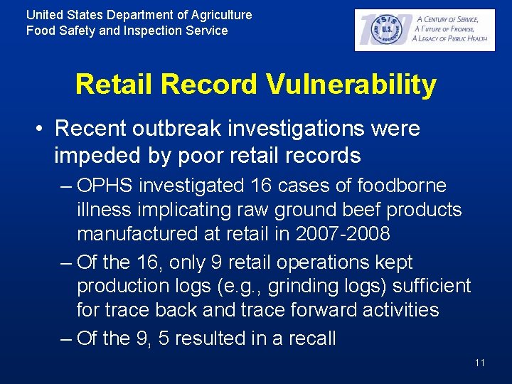 United States Department of Agriculture Food Safety and Inspection Service Retail Record Vulnerability • United States Department of Agriculture Food Safety and Inspection Service Retail Record Vulnerability •
