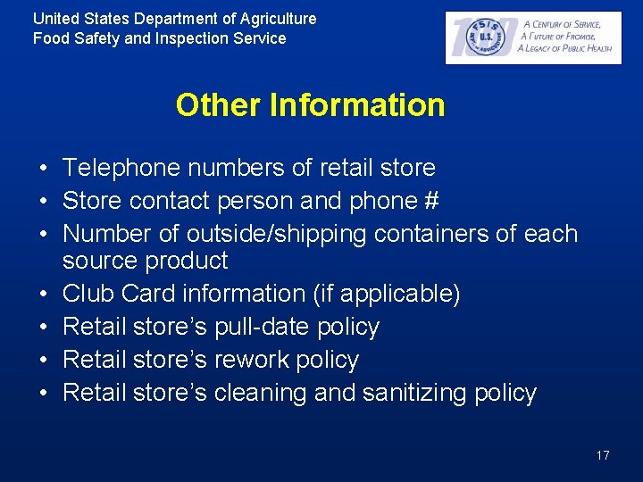 United States Department of Agriculture Food Safety and Inspection Service Other Information • Telephone United States Department of Agriculture Food Safety and Inspection Service Other Information • Telephone
