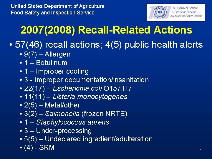 United States Department of Agriculture Food Safety and Inspection Service 2007(2008) Recall-Related Actions • United States Department of Agriculture Food Safety and Inspection Service 2007(2008) Recall-Related Actions •