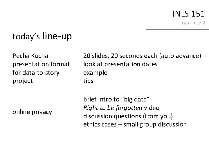 INLS 151 mon nov 2 today’s line-up Pecha Kucha presentation format for data-to-story project