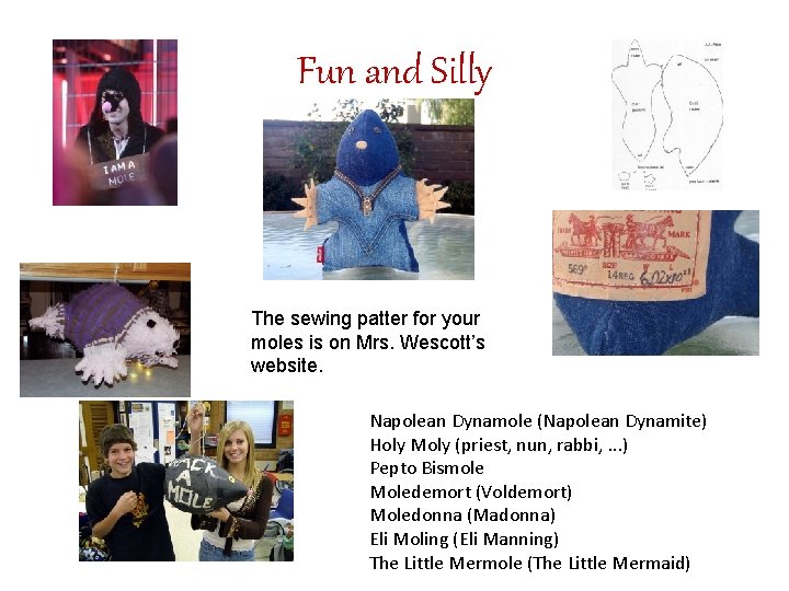 Fun and Silly The sewing patter for your moles is on Mrs. Wescott’s website.