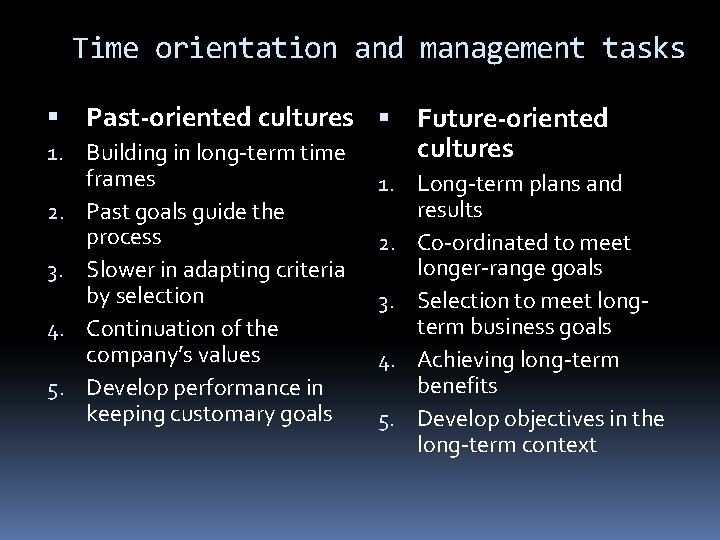 Time orientation and management tasks Past-oriented cultures Future-oriented cultures 1. Building in long-term time