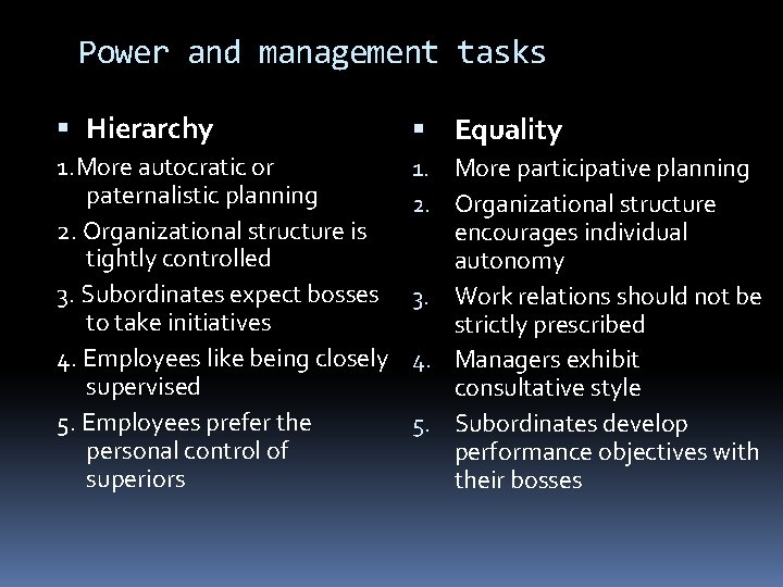 Power and management tasks Hierarchy Equality 1. More autocratic or paternalistic planning 2. Organizational