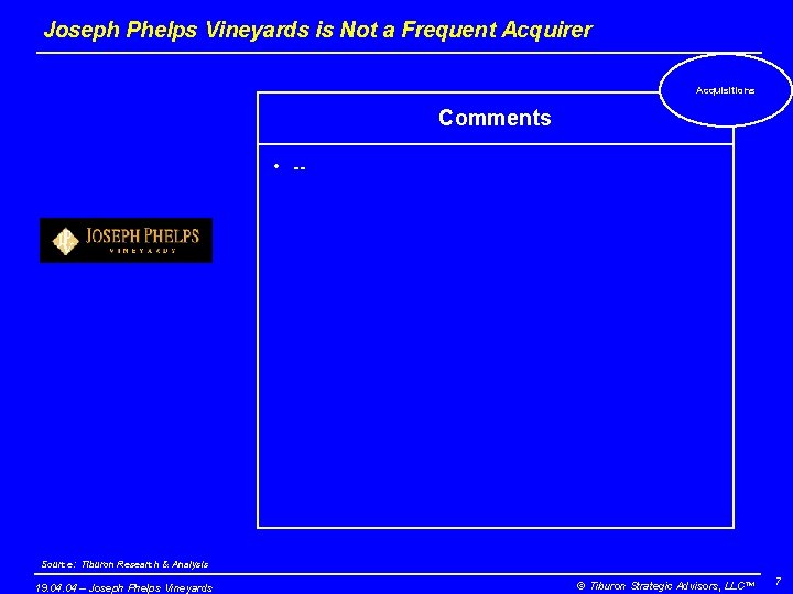 Joseph Phelps Vineyards is Not a Frequent Acquirer Acquisitions Comments • -- Source: Tiburon