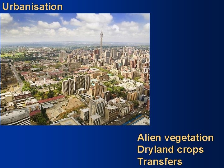 Urbanisation Alien vegetation Dryland crops Transfers 