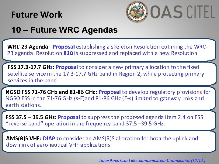 Future Work 10 – Future WRC Agendas WRC-23 Agenda: Proposal establishing a skeleton Resolution