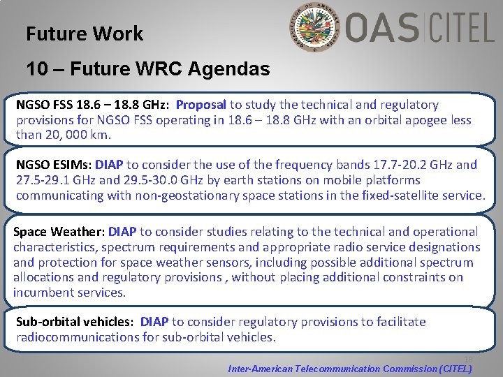 Future Work 10 – Future WRC Agendas NGSO FSS 18. 6 – 18. 8