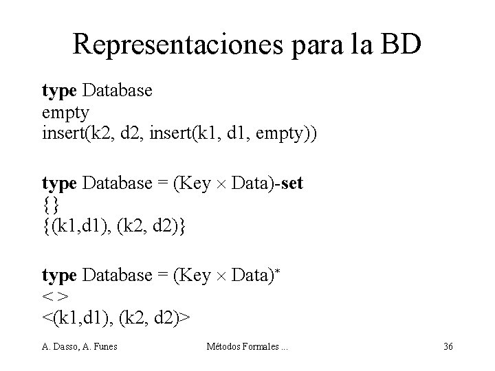 Representaciones para la BD type Database empty insert(k 2, d 2, insert(k 1, d