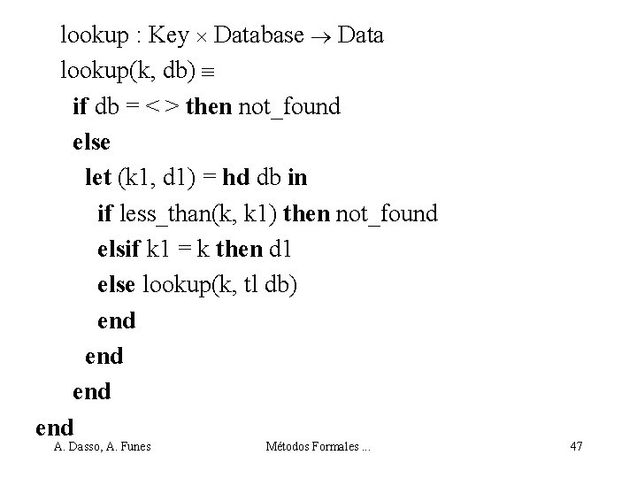 lookup : Key Database Data lookup(k, db) if db = < > then not_found