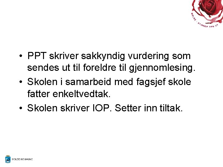  • PPT skriver sakkyndig vurdering som sendes ut til foreldre til gjennomlesing. •