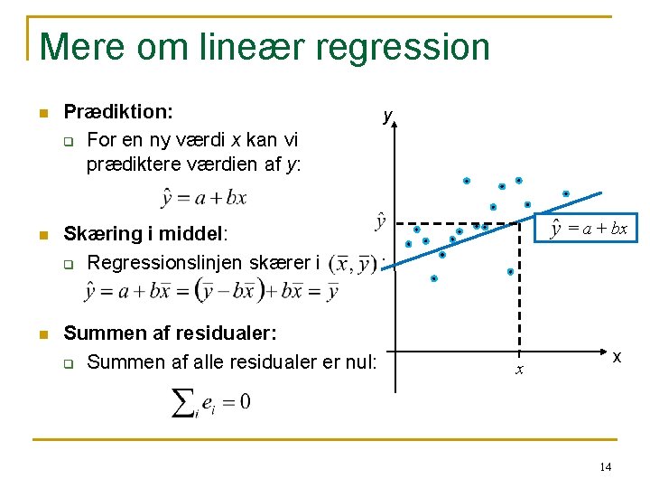 Mere om lineær regression n Prædiktion: q For en ny værdi x kan vi