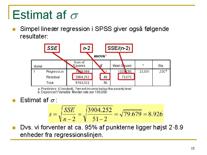 Estimat af s n Simpel lineær regression i SPSS giver også følgende resultater: SSE